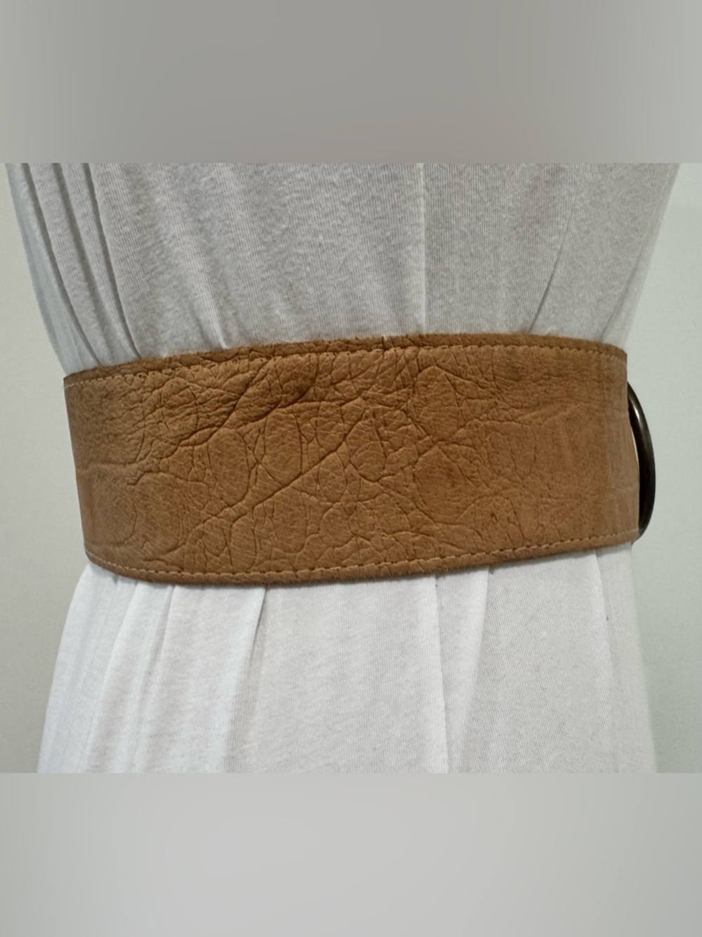 Wide Tan Waist Belt with Antique Metal Ring Buckle - Picture 5 of 7